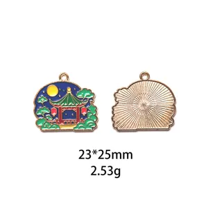 Prachtige Chinese stijl maan paviljoen geëmailleerde legering hanger DIY sieraden accessoire 23x25mm
