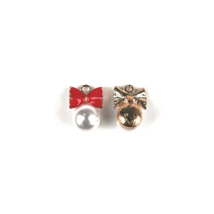 Bow pearl DIY alloy charm set, elegant red and gold jewelry pendant for accessories.