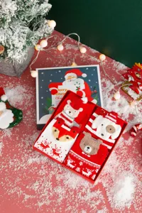 Christmas gift box containing four pairs of cute cartoon plush socks for women and adults.
