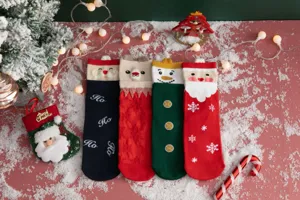 Christmas cartoon mid-tube socks 4 pairs set, cute 3D elk snowman Santa design for women.