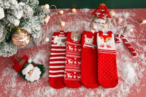 Christmas cartoon mid tube socks 4 pairs set cute animal design red winter socks for women gift