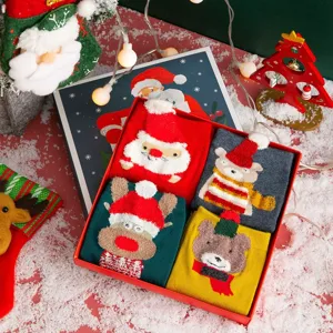 Christmas gift box containing four pairs of cute 3D cartoon mid-tube socks for women.