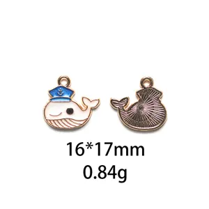 Gedetailleerd overzicht van schattige walvis emaillen bedel hanger met maat en gewicht.