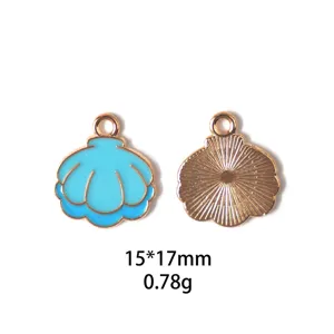 Détail de pendentif en alliage coquillage avec vue avant et arrière et dimensions.