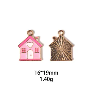 Pendentif maison rose en alliage pour fabrication bijoux DIY, design cœur mignon 16x19mm.