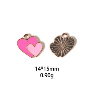 Charm pendentif en alliage émaillé double cœur rose accessoire bijoux DIY 14x15mm