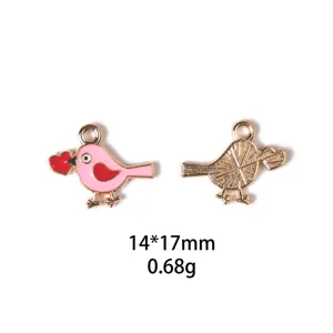 Joli pendentif oiseau en email avec coeur rouge accessoire bijoux alliage 14x17mm