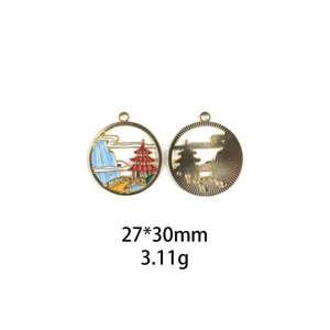 Chinese style landscape pagoda alloy enamel pendant charm DIY jewelry making accessory 27x30mm