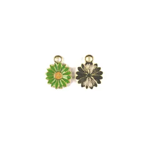 Metal daisy flower charm pendant detail view, green enamel sun flower DIY jewelry part.