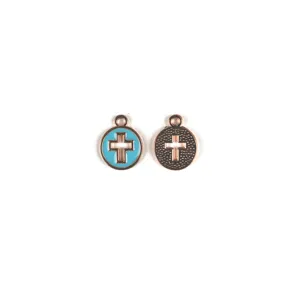 Vue détaillée de pendentifs croix ajourés en alliage DIY avec émail bleu et finitions métalliques.