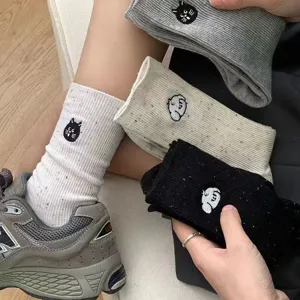 Cute cat dog embroidered speckle yarn mid-calf socks, breathable spring summer casual socks.