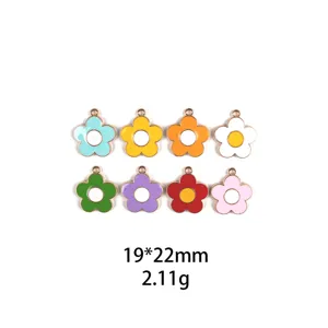 Detailed view of colorful enamel 5-petal flower alloy DIY charms, size 19x22mm, weight 2.11g.
