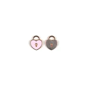 Close-up detail of heart lock alloy charm, pink enamel and metallic striped design.
