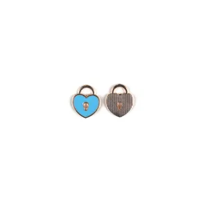 Close-up detail of heart-shaped alloy lock charms, featuring blue enamel and striped metal.