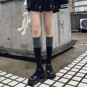 Women contrast color over-the-knee socks grey black stockings autumn apparel style