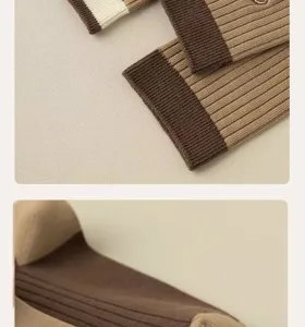 Detail view of women's autumn winter knit striped mid-tube socks in brown and beige tones.