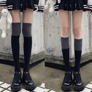 Women color-blocked over-the-knee socks and mid-calf socks, gothic black and gray style.