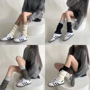 Knit leg warmers, color-block woolen slouch socks for women, cozy winter calf warmers.