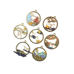 Chinese Style Jade Rabbit Crane Landscape DIY Alloy Oil Drop Pendant Charm Fashion Jewelry Making Accessories