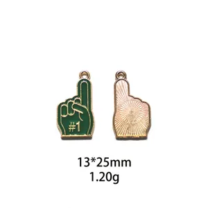 Alloy foam finger charm DIY pendant, green enamel number 1 design, size 13x25mm, detail view.