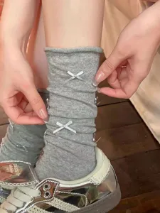 Grey slouch socks for women, cute bow detailed mid-tube socks, sweet Japanese style hosiery.