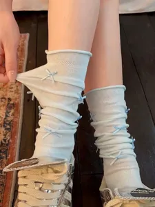 Cute Japanese ballet style women stacked mesh socks with sweet bows for spring and summer fashion