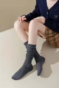 Women's dark grey ribbed crew socks, soft cotton blend stackable mid-calf vintage long casual socks.