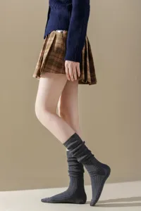 Women's dark grey ribbed long stack socks, Korean style casual knee-high socks for daily wear.