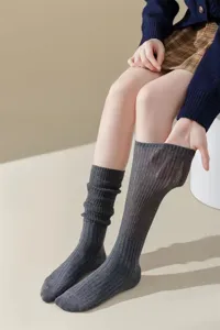 Detail view of dark grey ribbed knee-high stack socks, showing soft knit texture.
