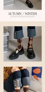 Retro argyle socks and patent leather loafers set, stylish autumn winter footwear outfit.