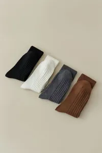 Women solid color vertical stripe knee high long casual socks detailed flat view