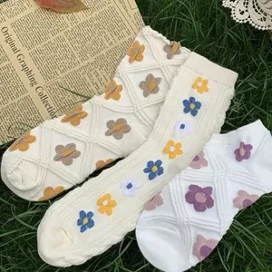 Cute floral detail women socks with cute 3D flowers and cable knit texture for cozy daily casual wear.