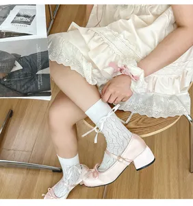 Chaussettes mi-mollet ruban ballet pour femme, adorables chaussettes blanches nœud style Lolita.