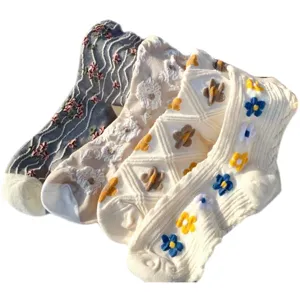 Cute floral mid-calf socks for women, sweet style knit cotton hosiery, multi-pack set.
