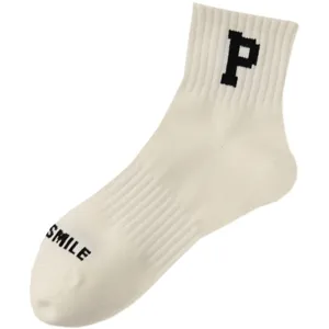 White cotton sports mid-tube socks with letter P and smile design, trendy footwear for daily wear.
