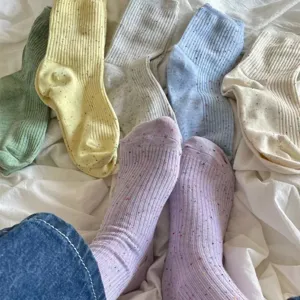 Colorful speckled ribbed crew socks for women, soft cotton slouch socks, multi-color daily wear.