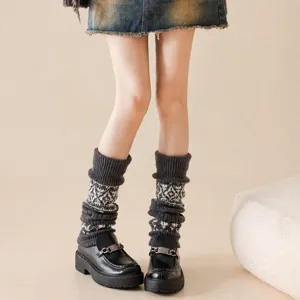 Fashion autumn winter knit leg warmers with classic retro fair isle pattern warm slouch socks for women