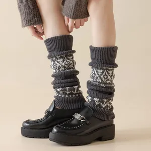 Dark grey Fair Isle knit leg warmers, cozy winter slouch socks for women style, cozy and warm.
