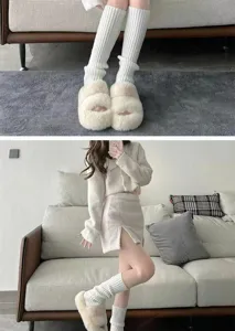 Detailed close-up showing soft knit leg warmers in a cozy home environment setting.