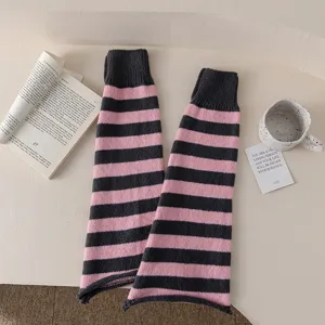 Pink grey striped knitted leg warmers detail, cozy y2k aesthetic winter accessory.