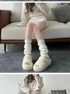 White knitted leg warmers for women, cozy slouch socks, Japanese style calf warmers.