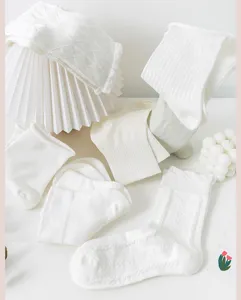 Summer white socks detail showcasing cute lace and ribbed mid-calf styles for women.