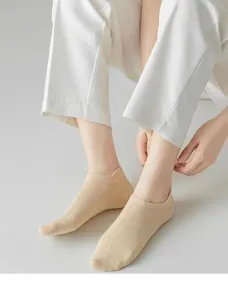 Detailed view of women's shallow boat socks in nude beige, featuring a convenient pull-tab heel.
