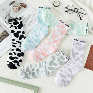Womens Cute Cow Print Crew Socks Japanese Harajuku Style Casual Breathable Cotton Blend Stockings Fashion Daily Wear