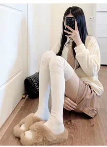 Autumn winter women over knee long socks solid color ribbed knit casual thigh high hosiery