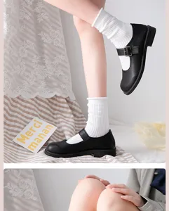 Detailed shot of white ribbed mid-calf socks paired with classic black Mary Jane shoes.