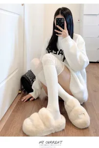Cozy white over-the-knee ribbed socks for women, stylish autumn winter long stack socks.