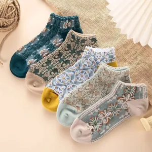 Detailed view of women spring summer vintage relief lace short socks, breathable mesh style.