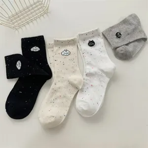 Spring summer cute speckled jacquard puppy cat women mid tube socks casual breathable white
