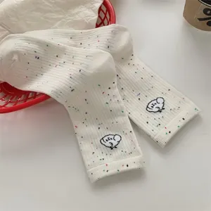 Women white mid tube socks cute puppy embroidery spring summer breathable trendy cotton socks